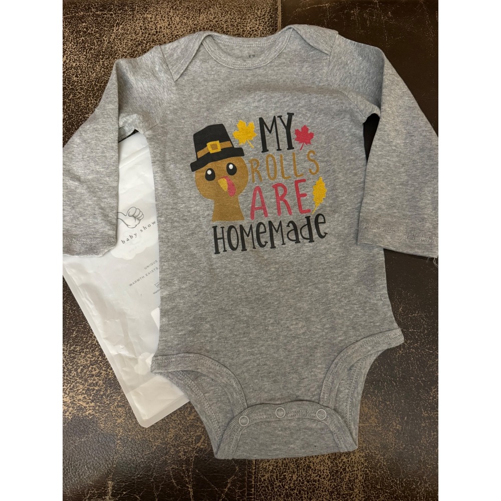 Baby Show My Rolls Are Homemade Thanksgiving Turkey Bodysuit Gray 12 Months